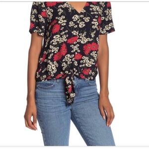 Madewell Black and Red Floral Tie-Front Tee